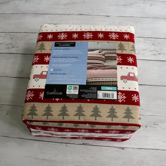 Cuddl Duds Heavyweight Flannel Sheet Set Twin Size Holiday Christmas Trucks - Picture 4 of 5